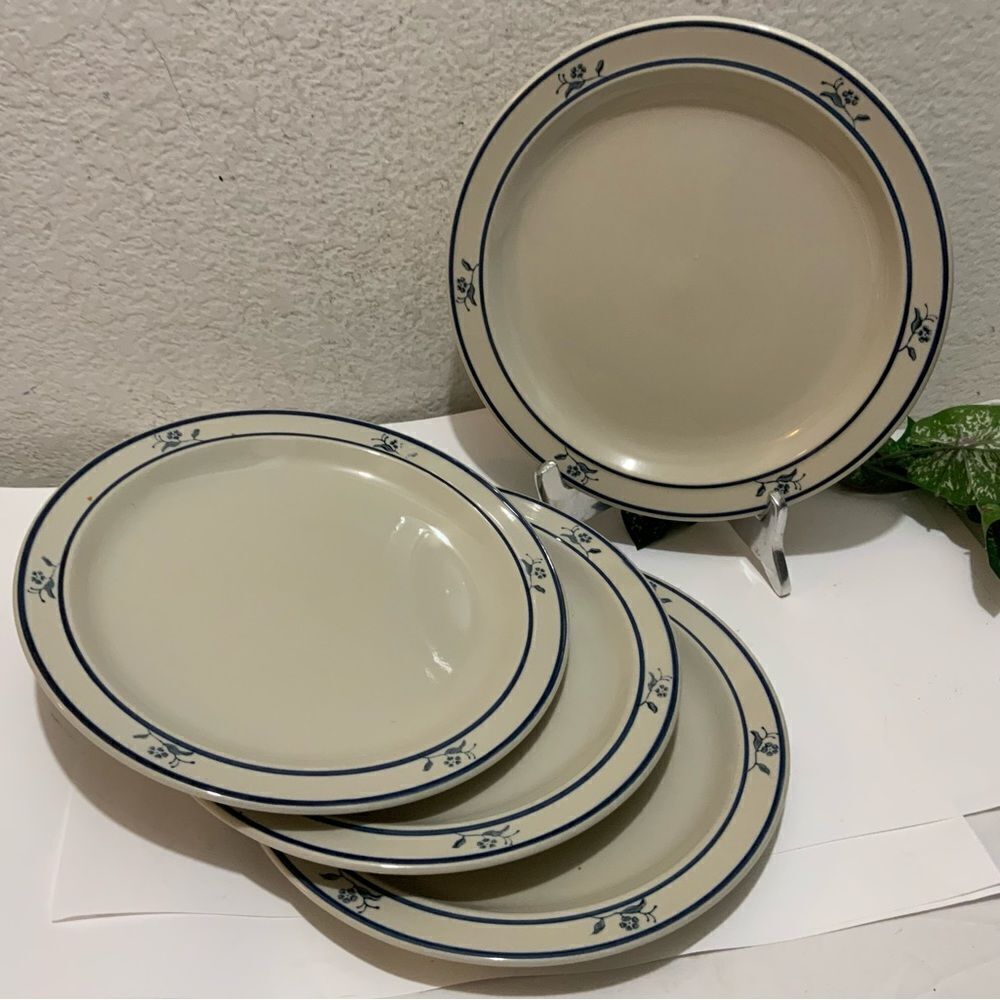 SCANDIA Blue DINNER PLATES Set Stoneware Floral Flowers Dishes  4 Brickoven G3
